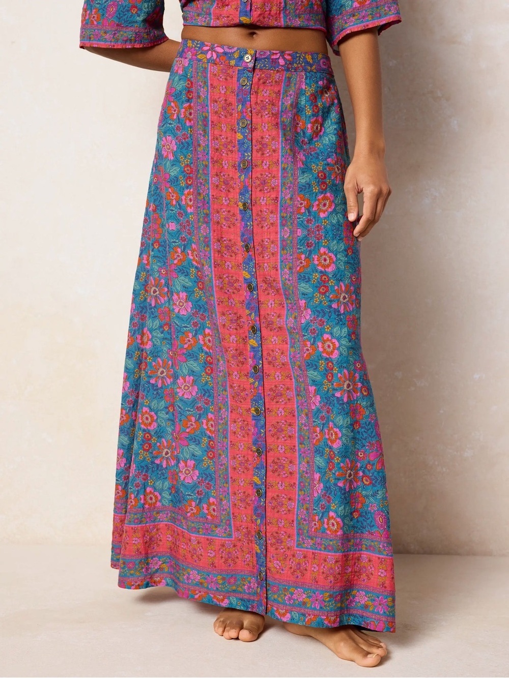 NATURAL LIFE • Elaina Maxi Skirt button down floral - Small teal boho border